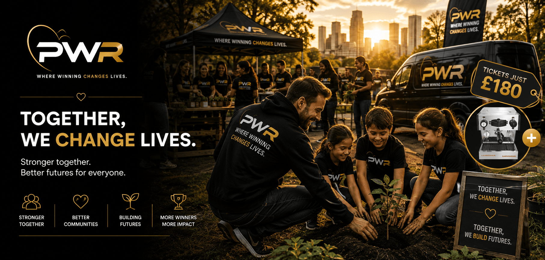 The PWR team planting trees together with the community, PWR van and marquee in the background